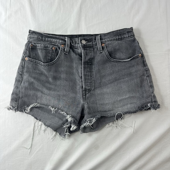 Levi's 501 High Rise Denim Jean Shorts Women Sz 30 Black Gray Distressed Cutoff - Picture 2 of 10